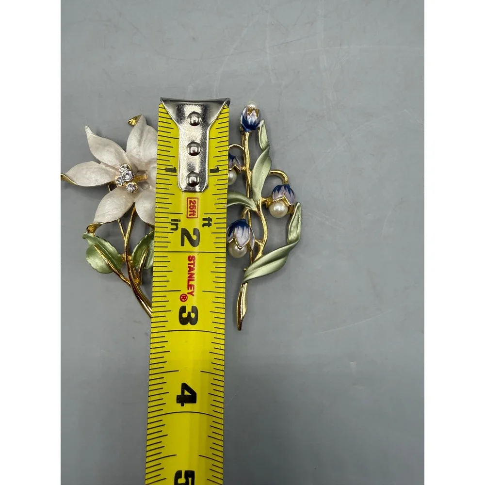 Set of 2 Floral Enamel Brooches Gold Tone Faux Pearl Rhinestone Flower Pins